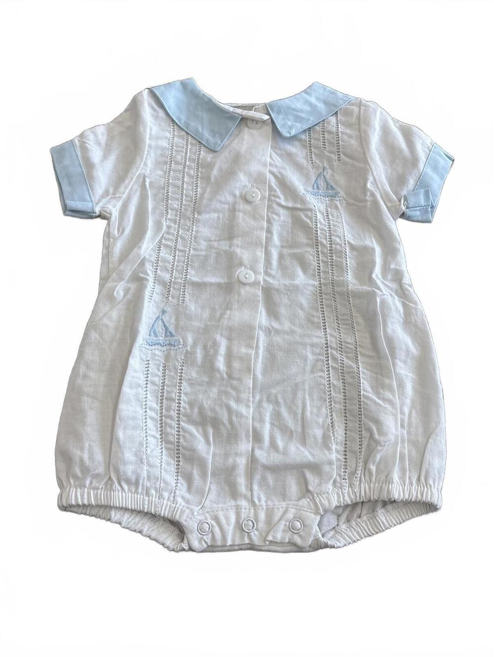 White Baby Romper with Light Blue Collar and Trim